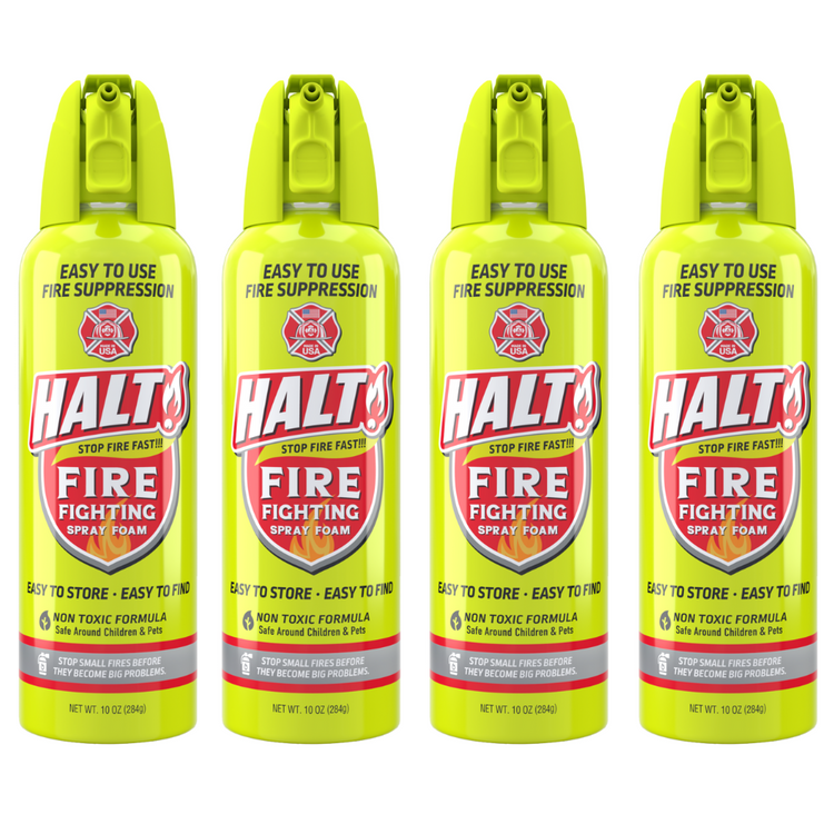 Four bottles of Halt fire fighting spray foam on a white background