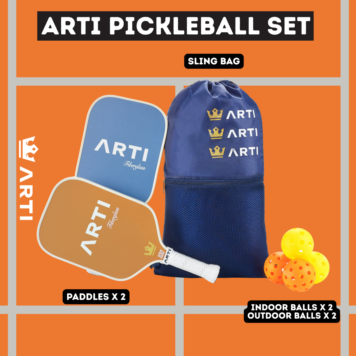 ARTI pickleball set with two paddles, a sling bag, and balls on an orange background