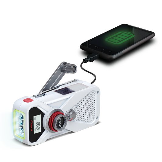 White handheld radio with digital display and control knobs on a white background