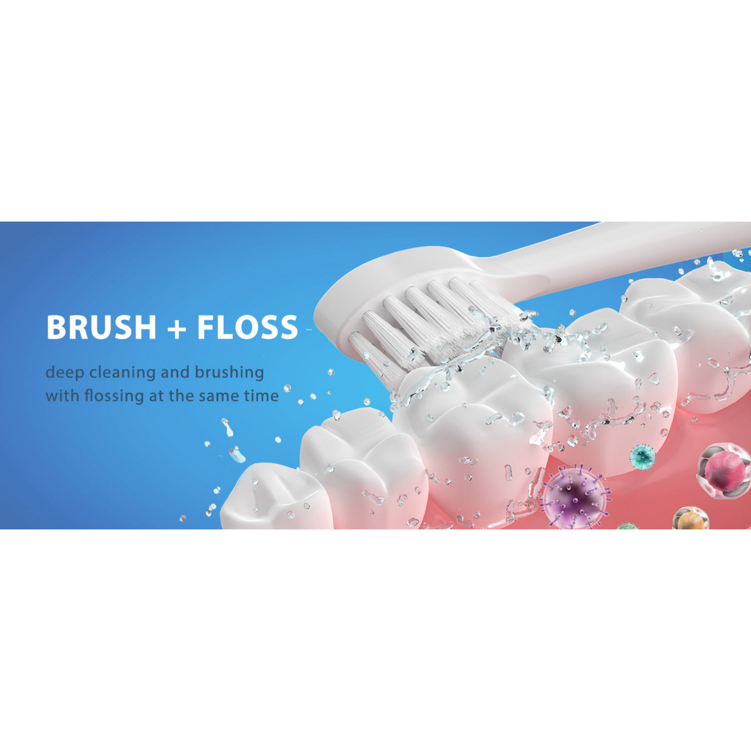 Toothbrush and flossing action with text 'Brush + Floss' on a blue and pink gradient background.
