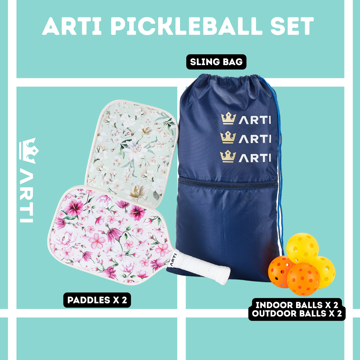 ARTI pickleball set with two floral paddles, a navy sling bag, and four balls on a light blue background.