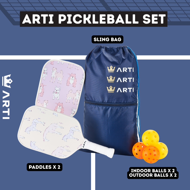 ARTI pickleball set with slings bag, paddles, and balls on a blue background
