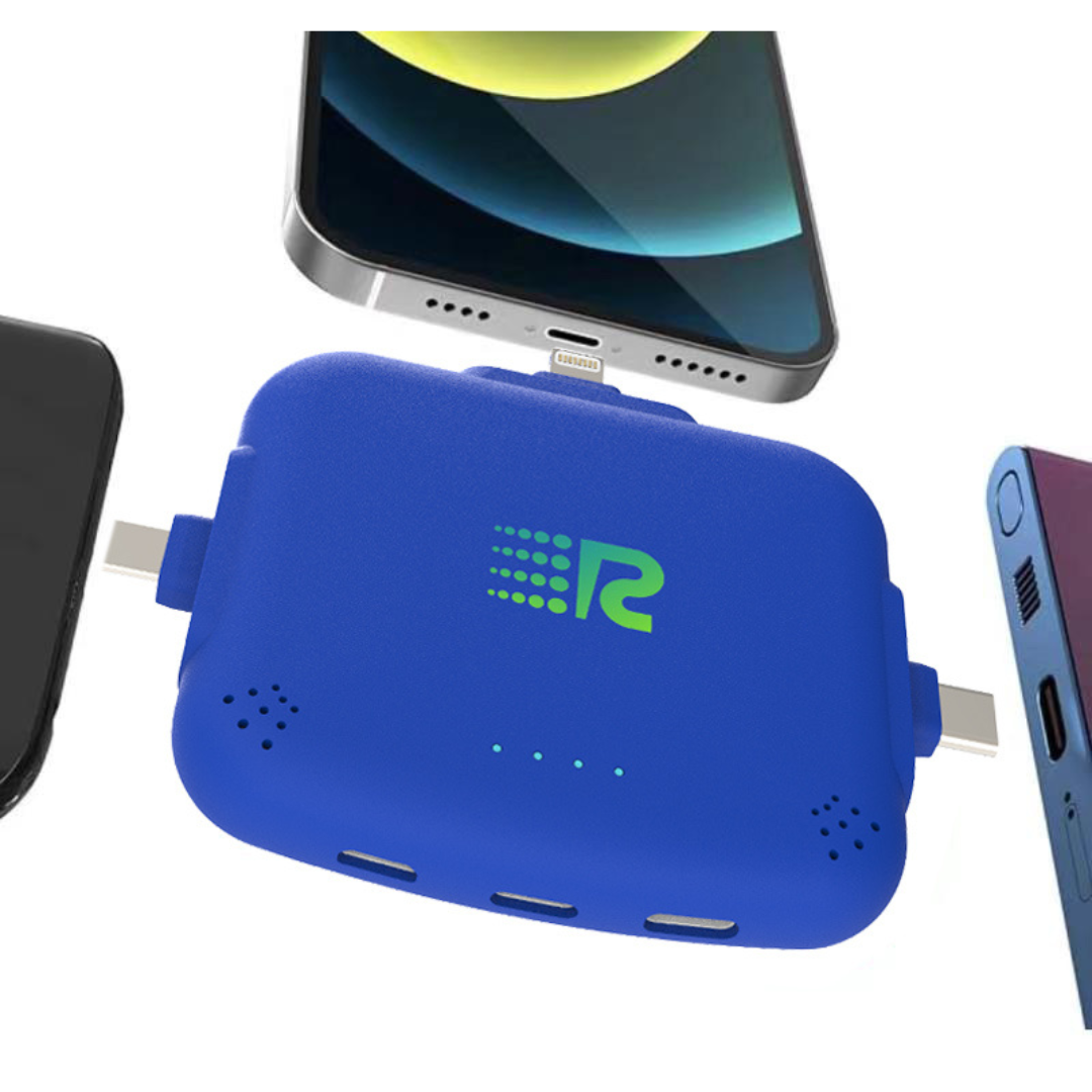 Blue multi-device charging hub with smartphone and tablet on a white background