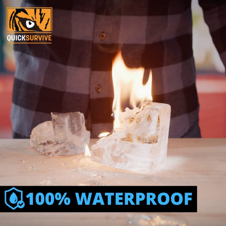 Person holding a flame over ice blocks with 'Quicksurvive' branding and '100% Waterproof' text.