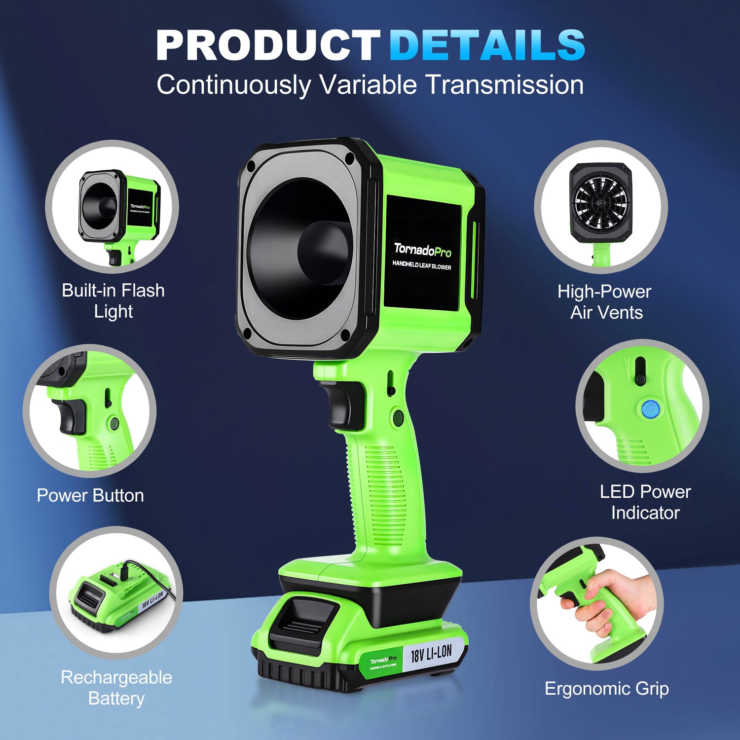 Green power tool with features highlighted on a blue background