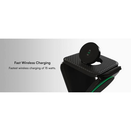 A black wireless charging pad with a built-in magnetic phone stand and nightlight feature.