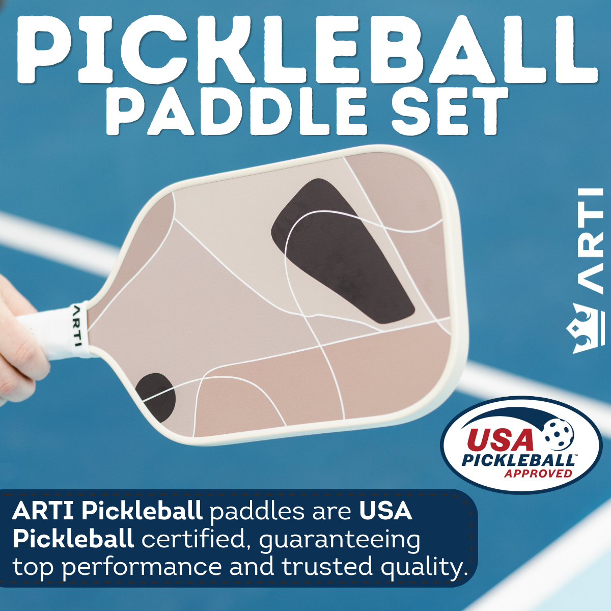 Pickleball paddle set with USA Pickleball certification on a blue background