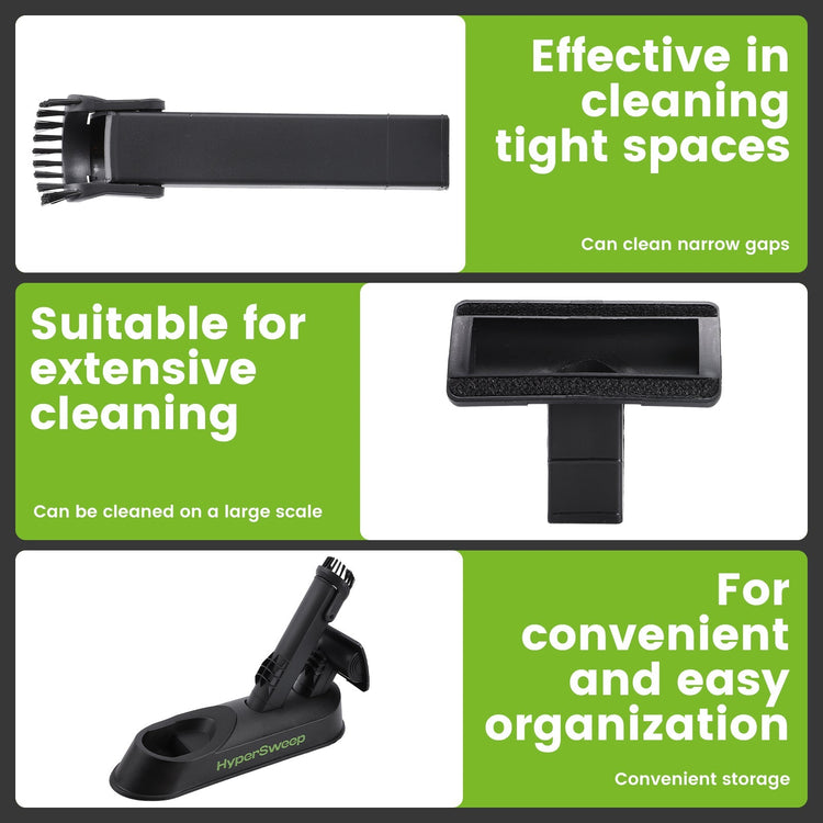 Black cleaning tool with features highlighted on a white background