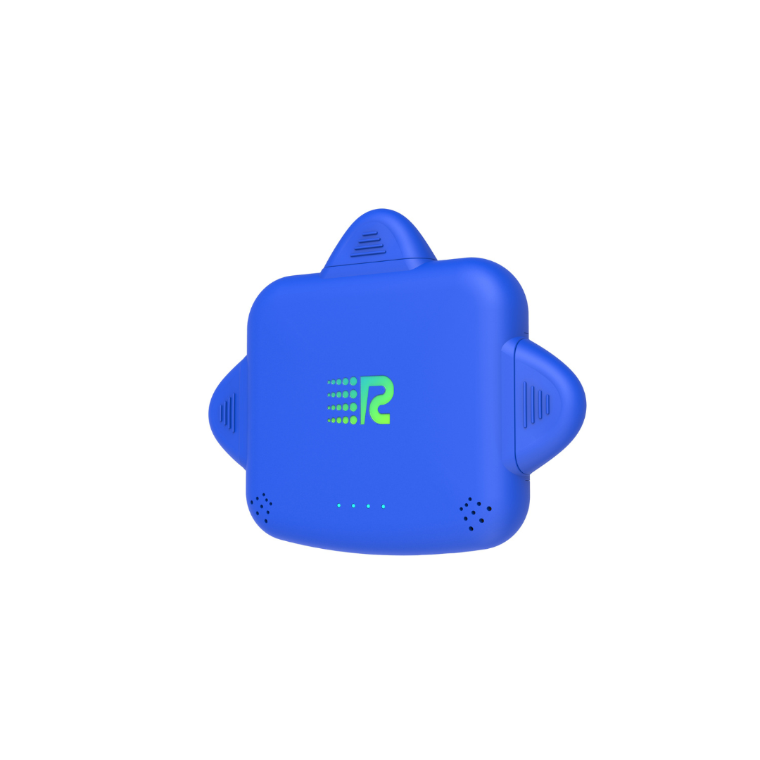 Blue electronic device with a green logo on a white background