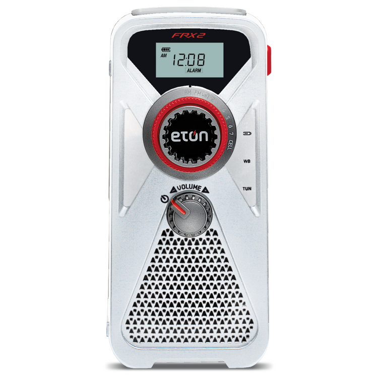 White handheld radio with digital display and control knobs on a white background