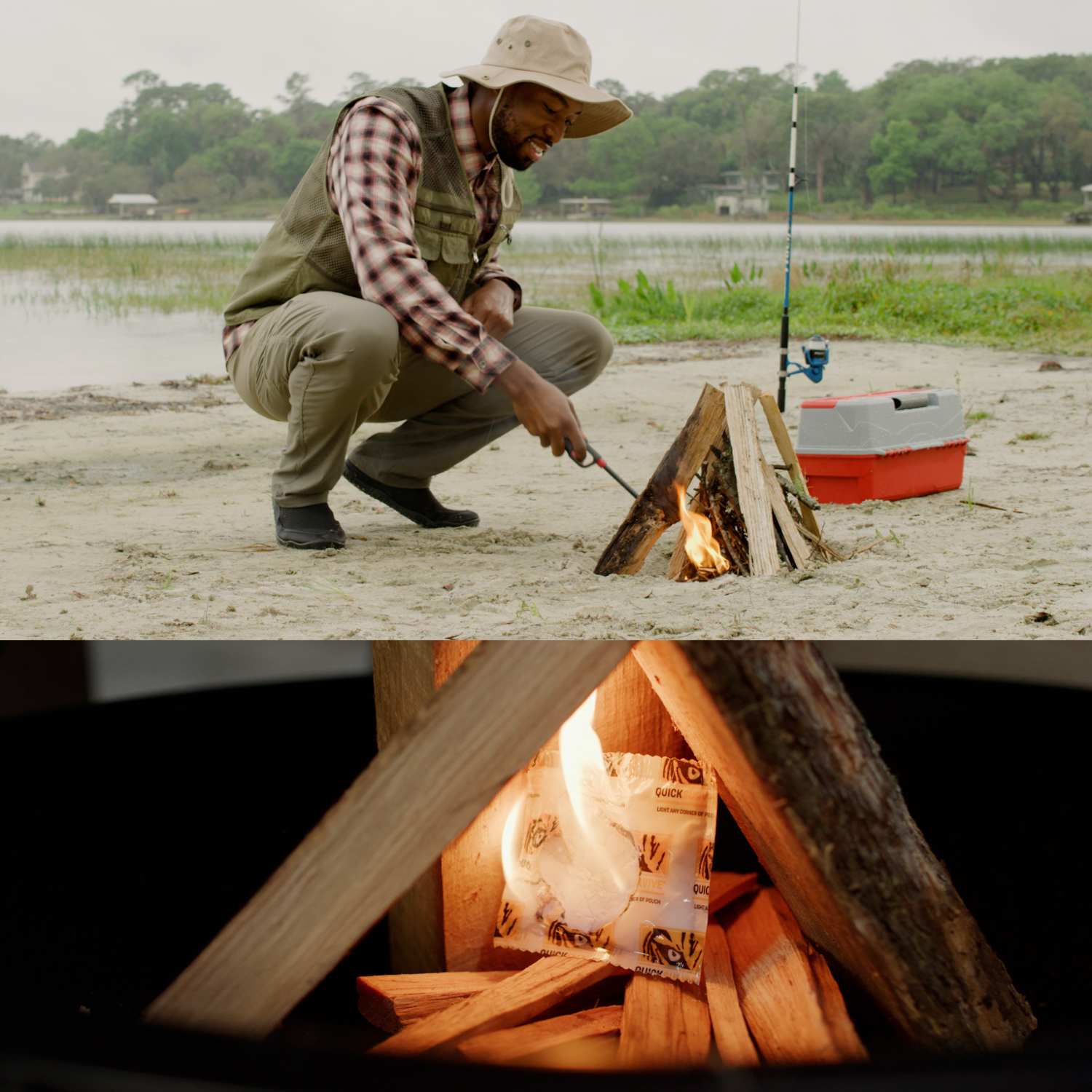 Man starting a fire by a lake with a close-up of the firewood inside a fire pit.