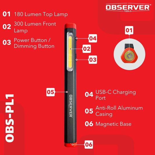 Penlight with red end cap and 'Observer' branding on a white background