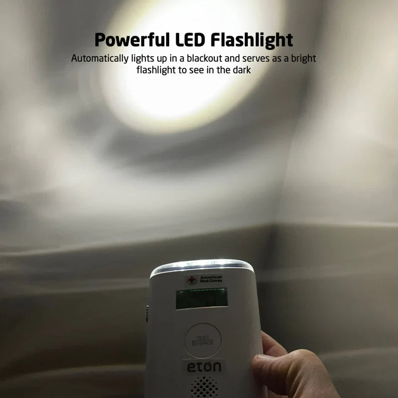 Hand holding a white LED flashlight with text describing its features.