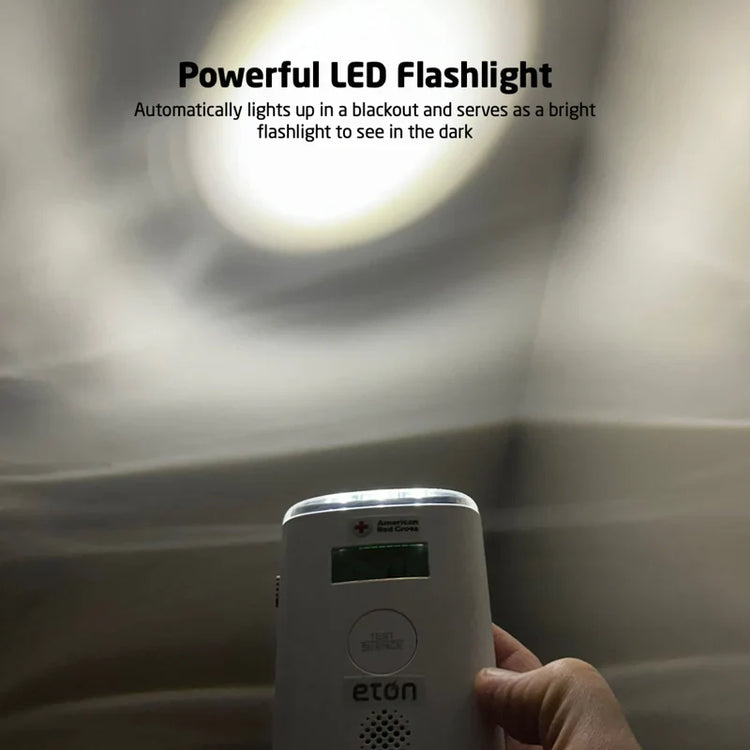 Hand holding a white LED flashlight with text describing its features.