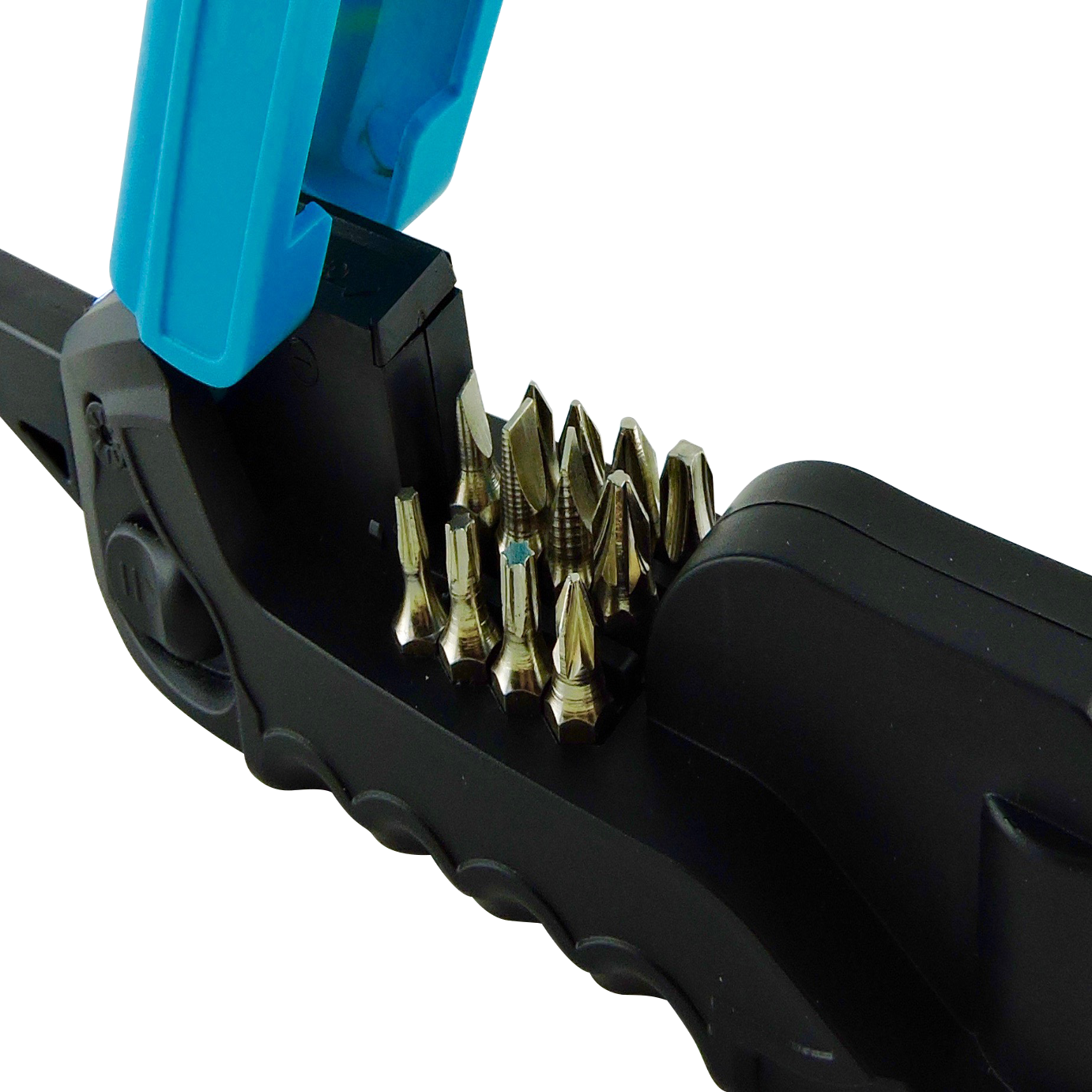 Close-up of a tool with metallic spikes on a white background