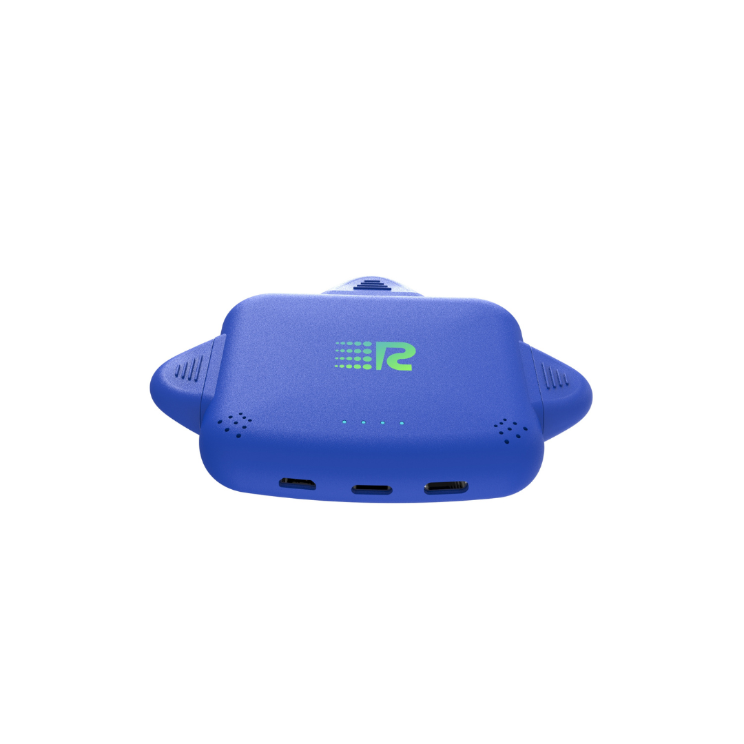 Blue electronic device with a logo on a white background