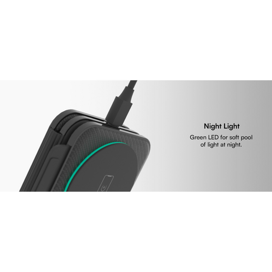 A black wireless charging pad with a built-in magnetic phone stand and nightlight feature.