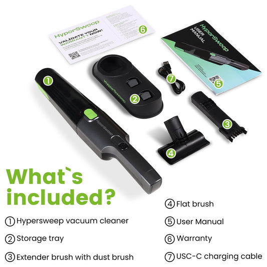 Handheld cordless vacuum cleaner branded HyperSweep on its charging stand, with a green accent and the product packaging box in the background.