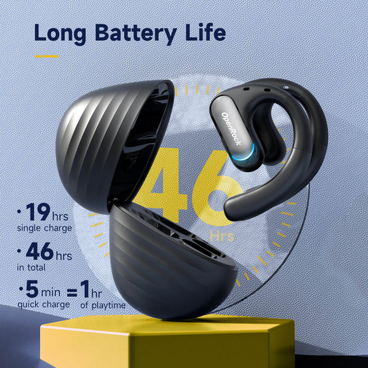 Black wireless earbuds with charging case on a white background