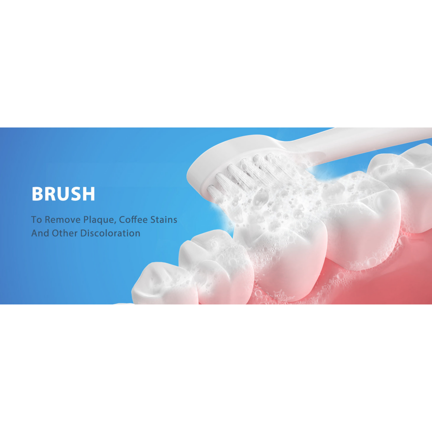 Teeth with plaque and coffee stains being brushed against a blue and pink gradient background.