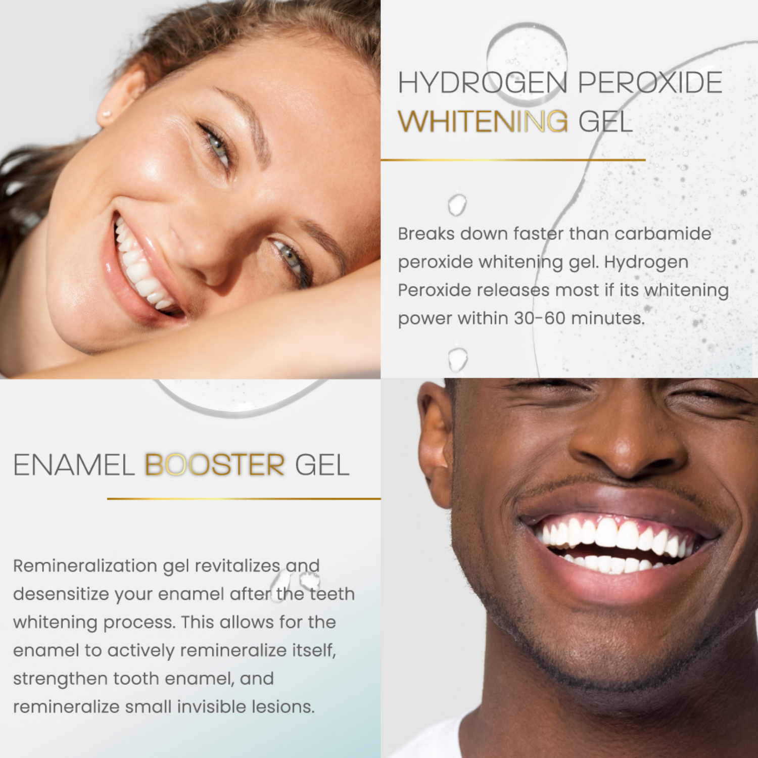 Advertisement for hydrogen peroxide whitening gel with two smiling faces, one with a close-up of teeth.