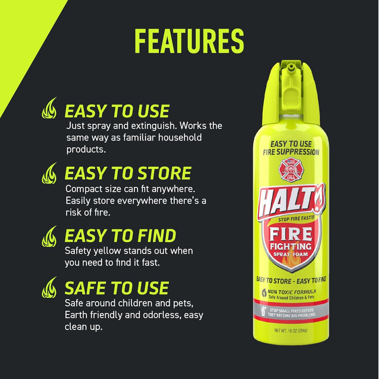 HALT fire fighting spray foam with features listed on a black background