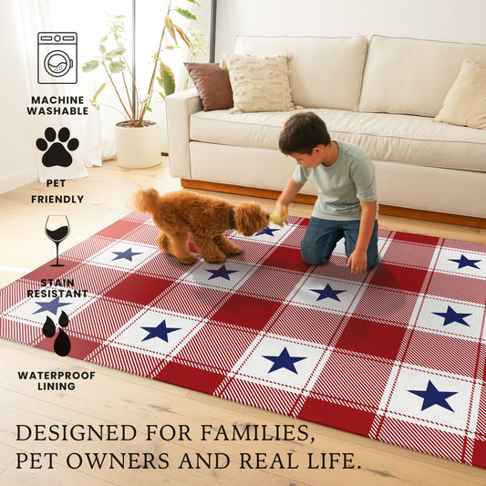 Wooden bench with American flag pillow and plaid rug on wooden floor