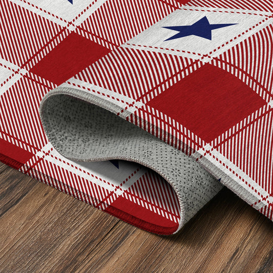 Wooden bench with American flag pillow and plaid rug on wooden floor