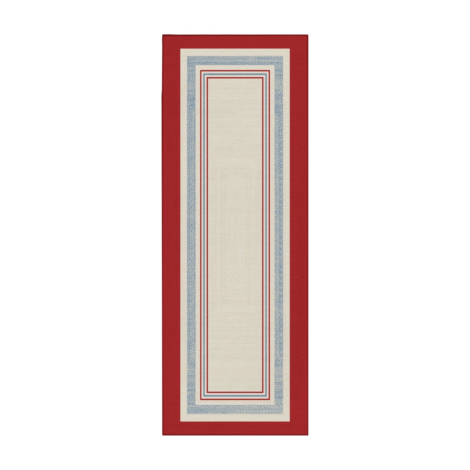 Kennedy bordered washable area rug with red and blue stripe frame on ivory base designed for living rooms, bedrooms, and hallways with non slip backing.