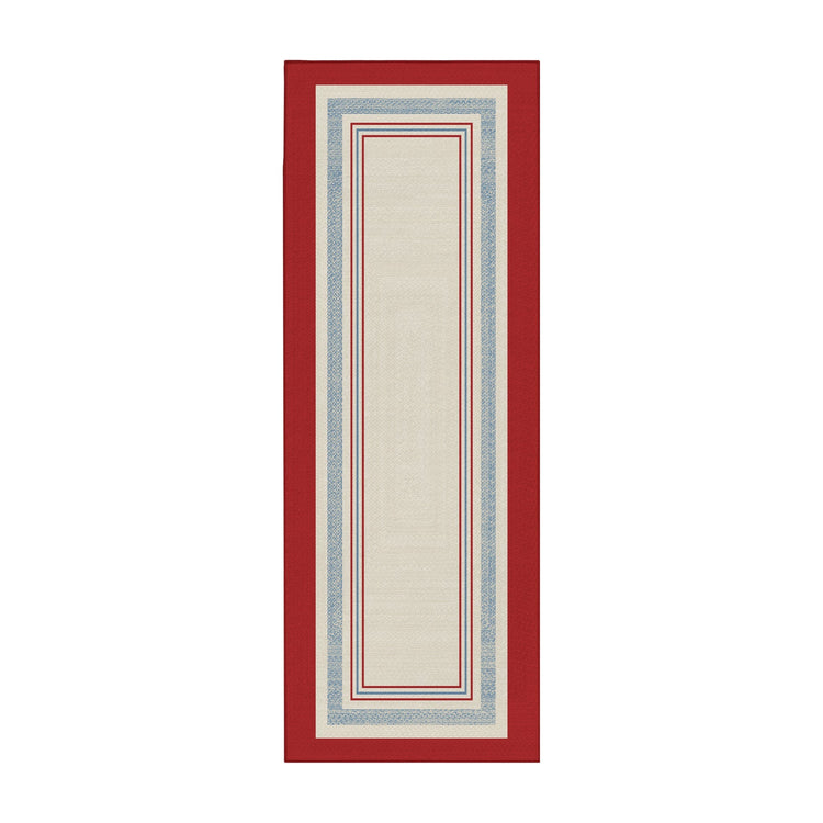 Kennedy bordered washable area rug with red and blue stripe frame on ivory base designed for living rooms, bedrooms, and hallways with non slip backing.