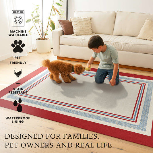 Wooden bench with striped cushions in a room with a red and white patterned rug.
