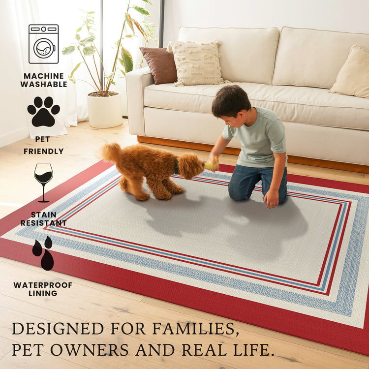 Kennedy bordered washable area rug with red and blue stripe frame on ivory base designed for living rooms, bedrooms, and hallways with non slip backing.