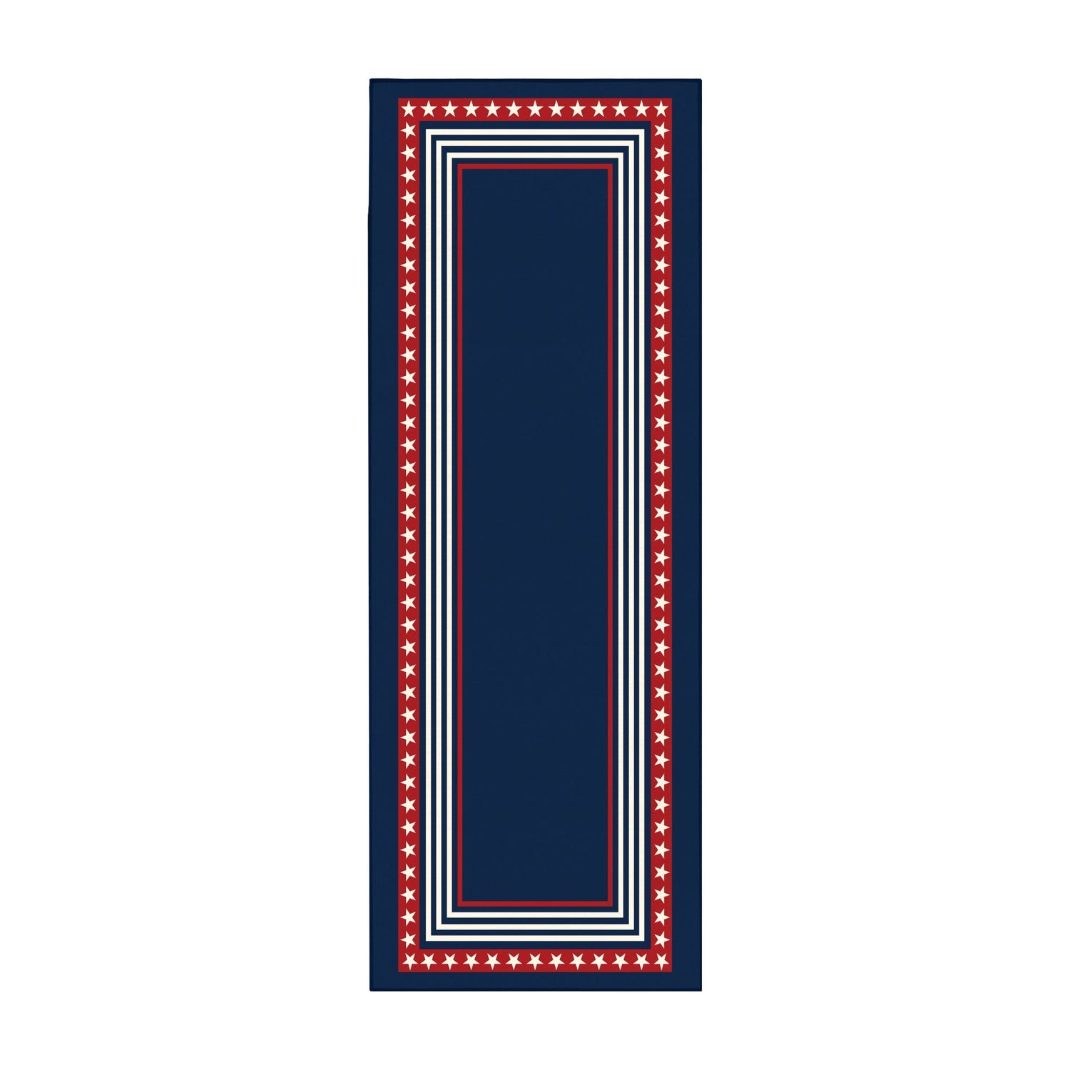 Freedom stars and stripes washable rug with navy center, red star border, and layered stripe frame designed for patriotic decor in living rooms, bedrooms, and hallways.