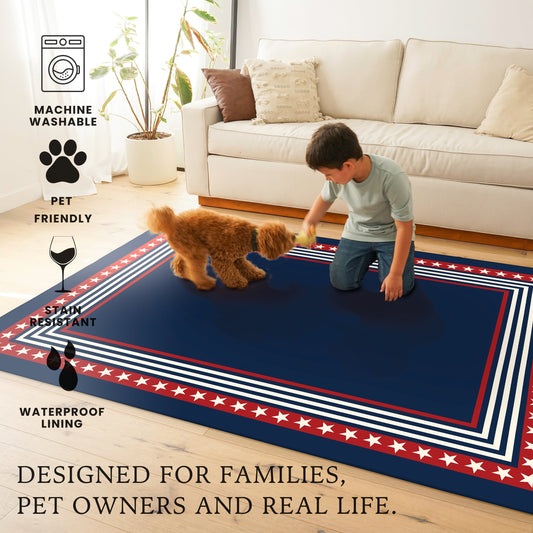 Navy blue rug with red and white border in front of a wooden bench and American flag.