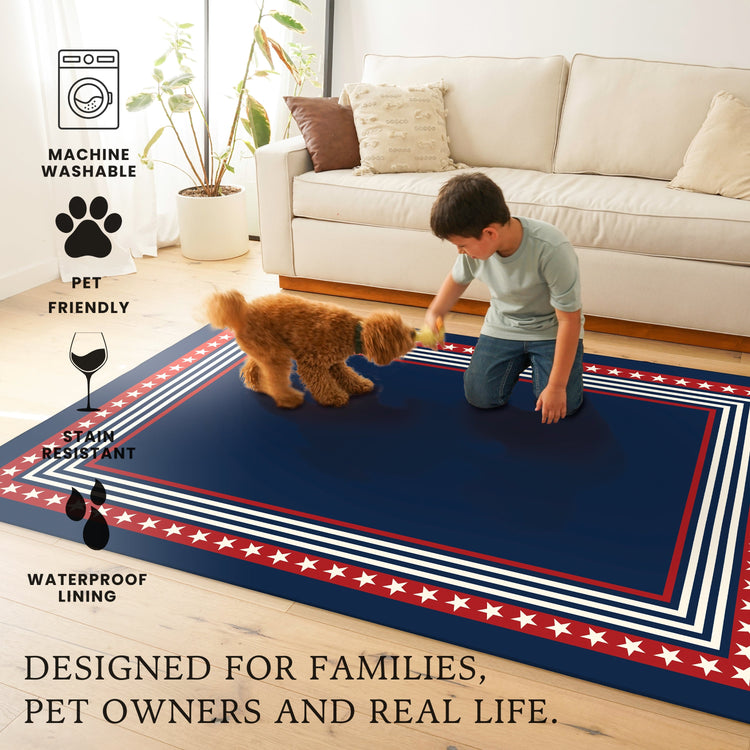 Freedom stars and stripes washable rug with navy center, red star border, and layered stripe frame designed for patriotic decor in living rooms, bedrooms, and hallways.