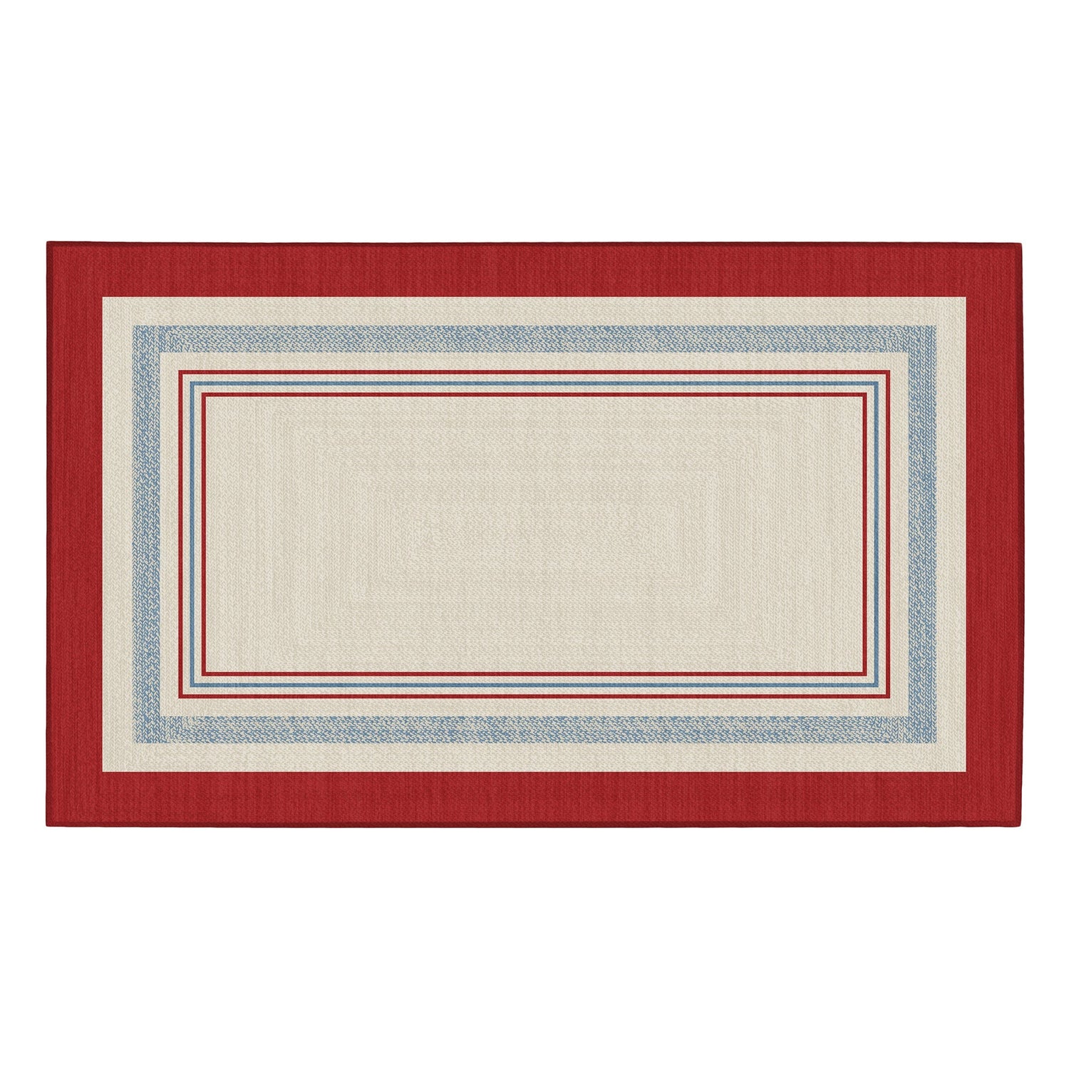 Rectangular rug with a red border on a white background