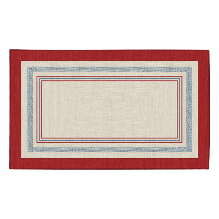 Rectangular rug with a red border on a white background