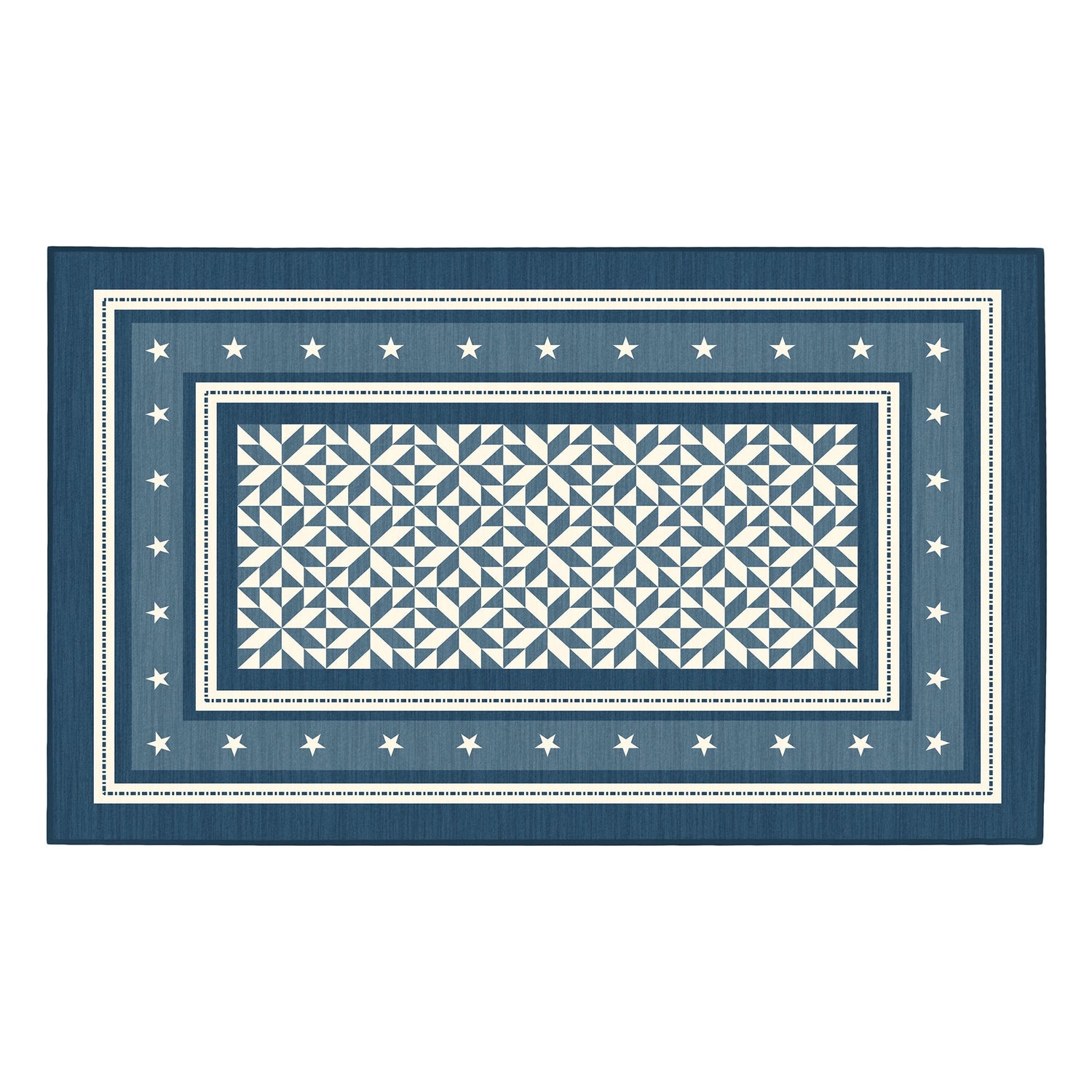 Rectangular blue rug with white geometric pattern and star border on a white background