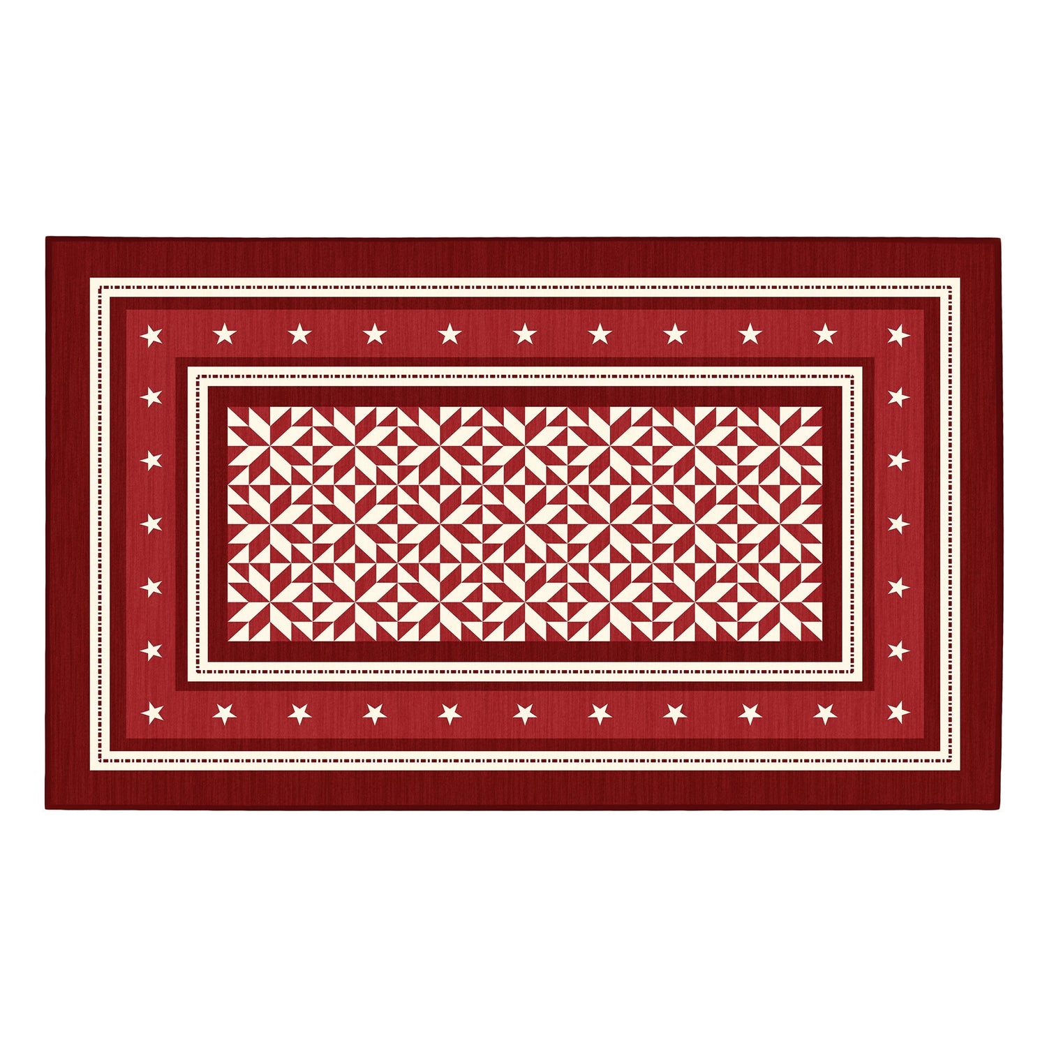 Red and white patterned rug with star border on a white background