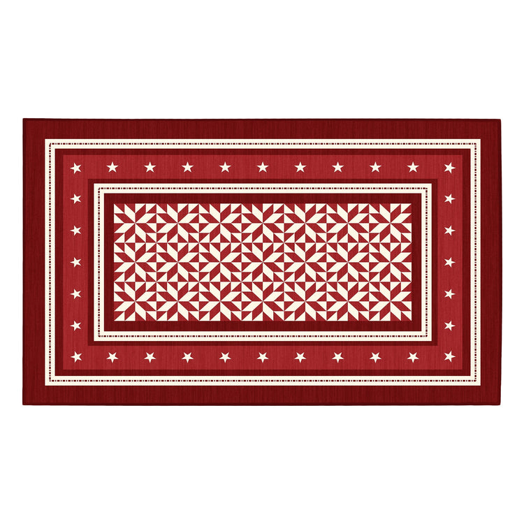 Red and white patterned rug with star border on a white background