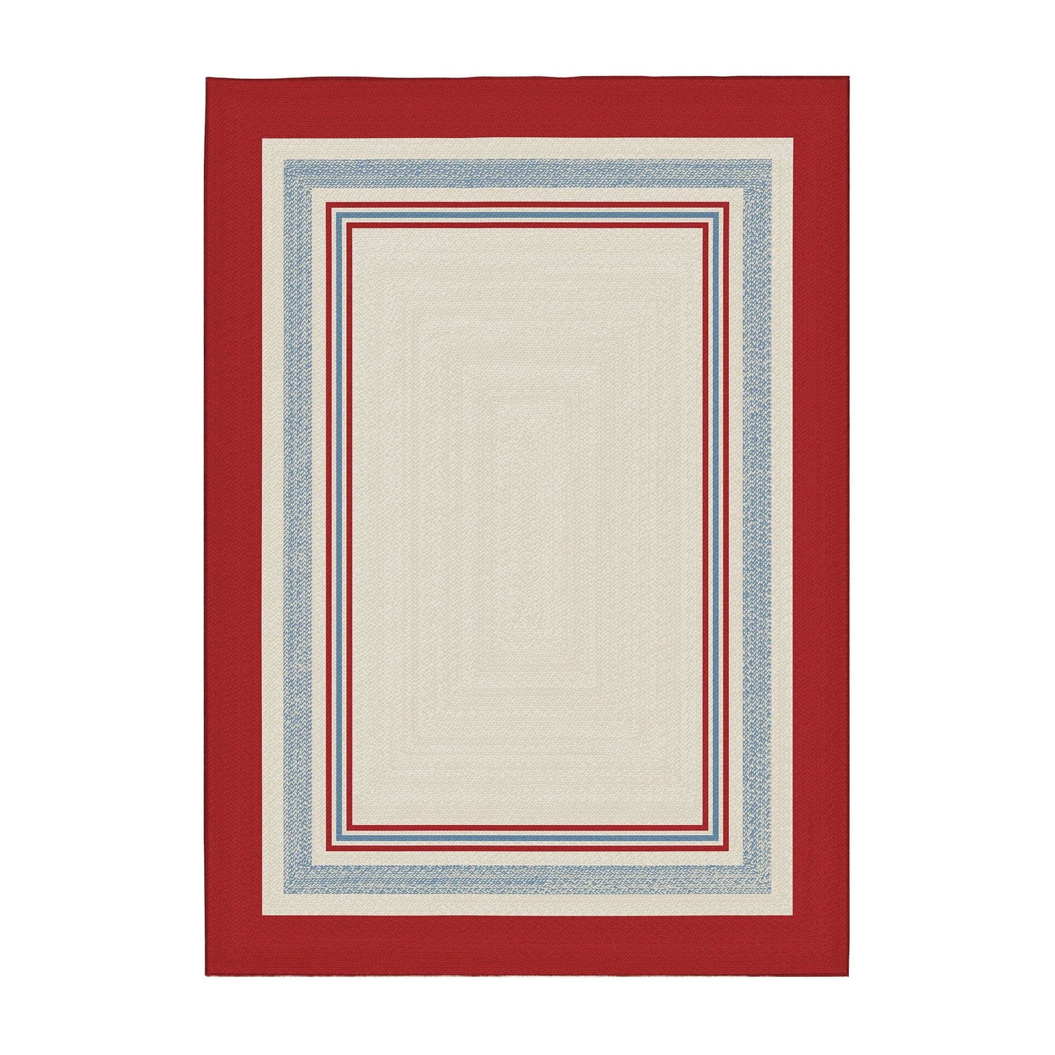 Rectangular rug with a red border and blue, white, and red patterned center on a white background