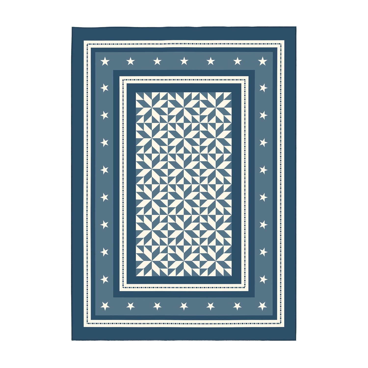 Blue and white patterned rug with star border on a white background