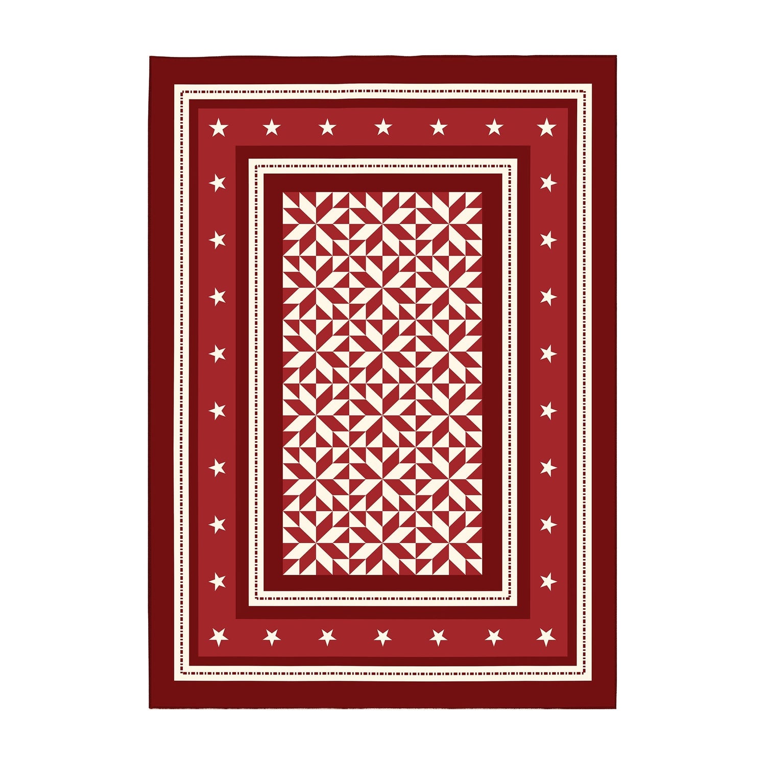 Red and white patterned rug with star border on a white background
