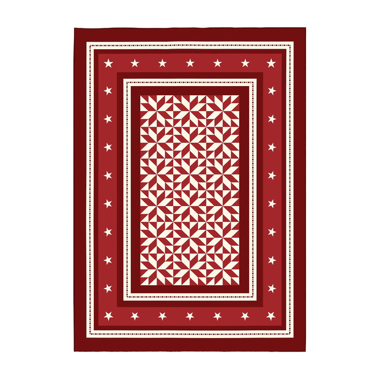 Red and white patterned rug with star border on a white background