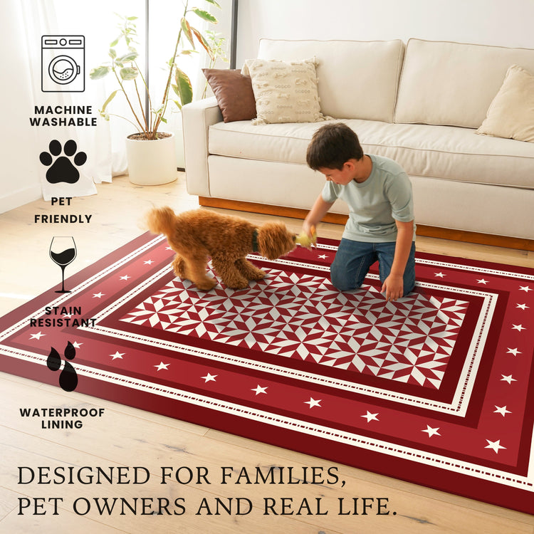 Red patterned rug in a living room with a child and dog, featuring text on properties and target audience.