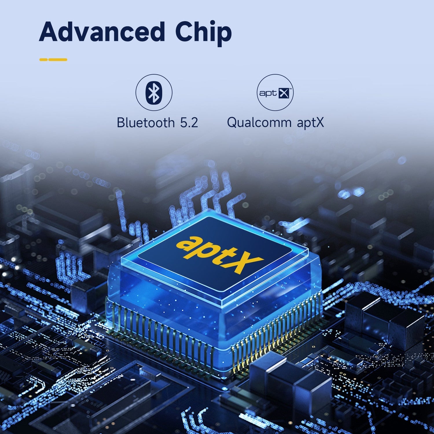 Advanced chip with aptX and Bluetooth 5.2 branding on a circuit board background