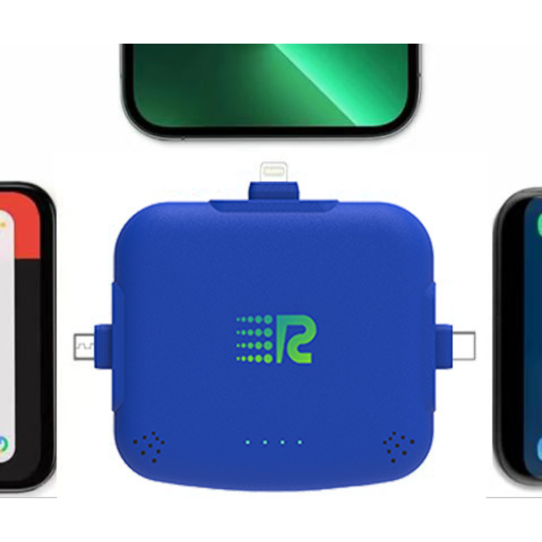 Blue charging adapter with multiple ports on a white background