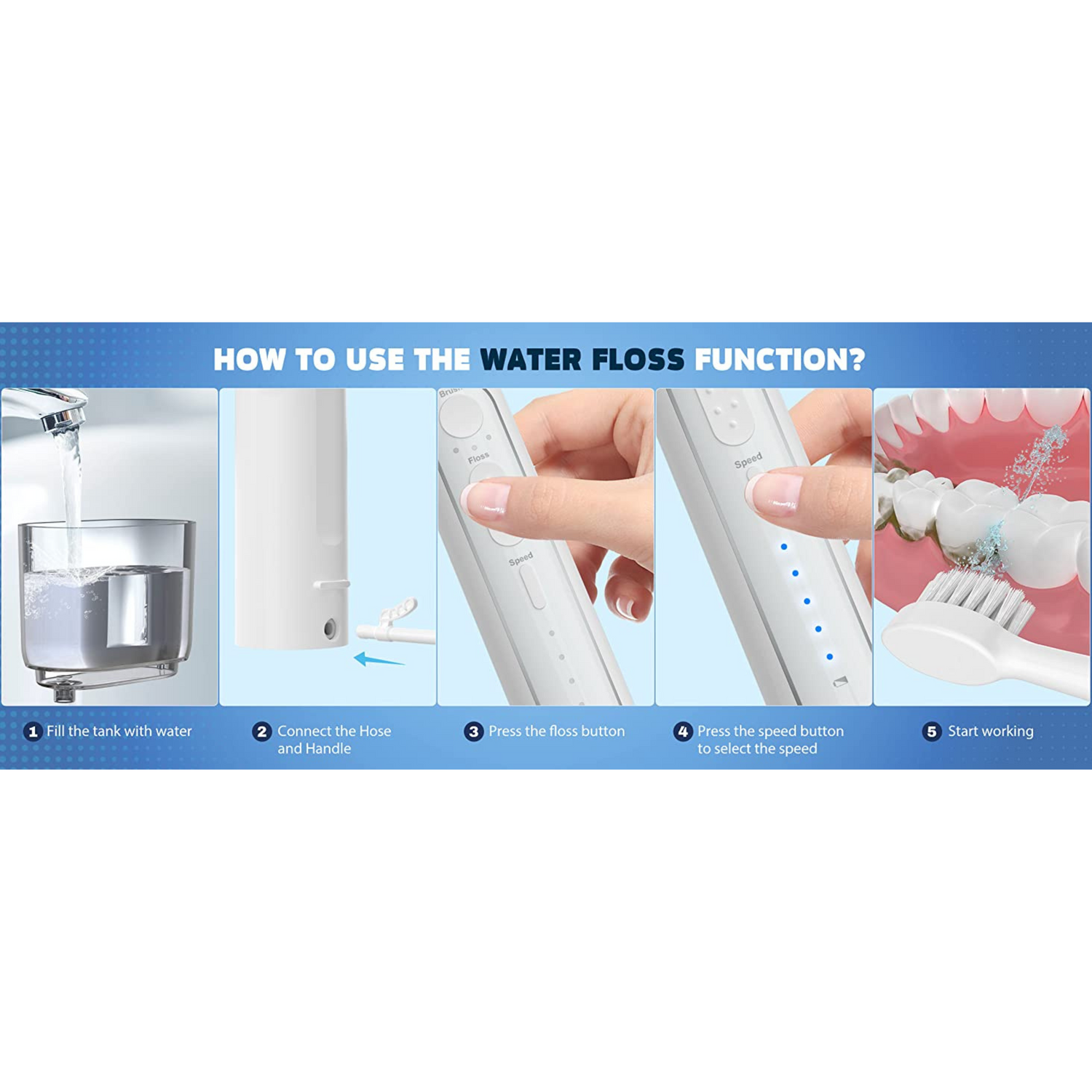Instructions on how to use a water flosser with step-by-step guide and visual aids.