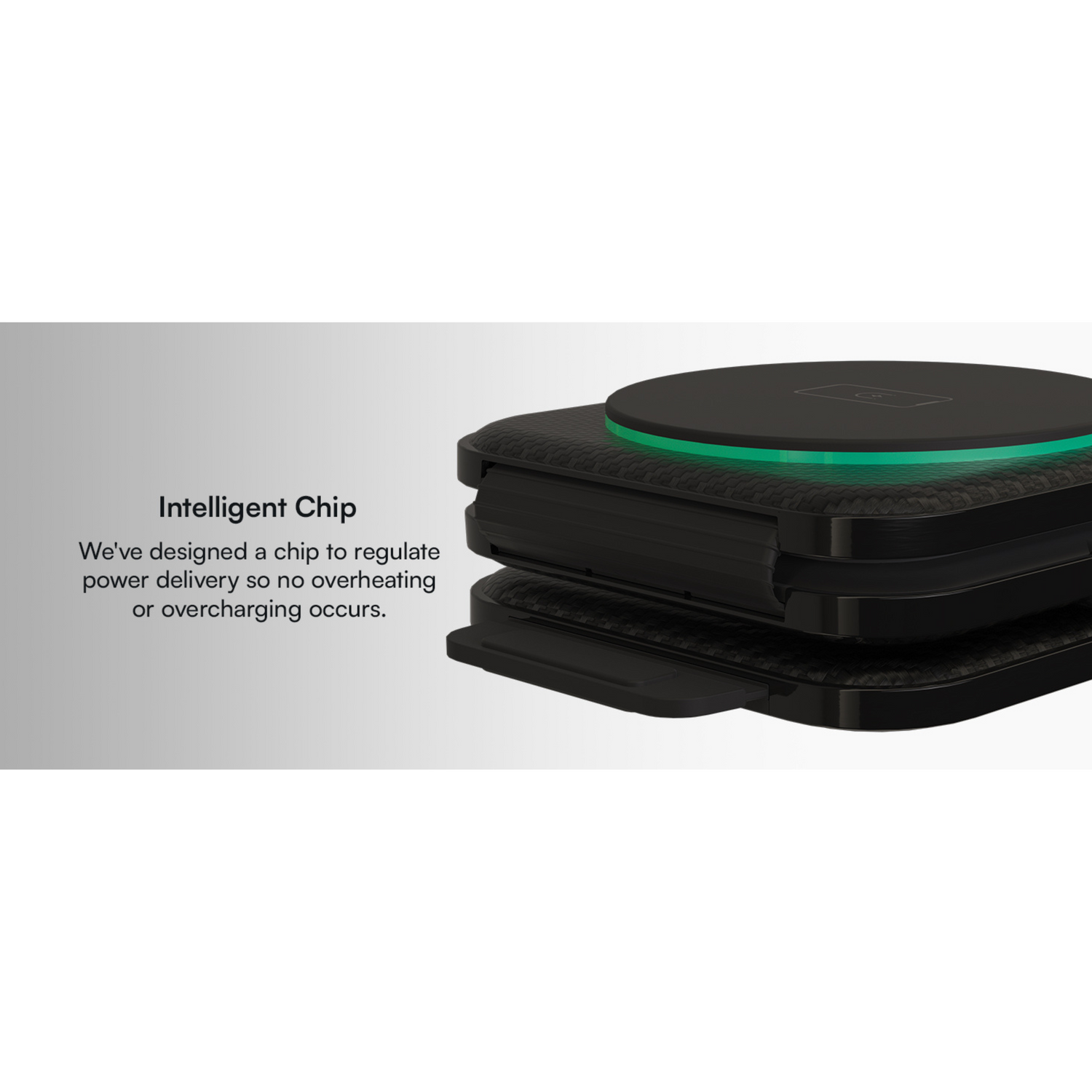 Black wireless charging pad with green indicator light on a white background