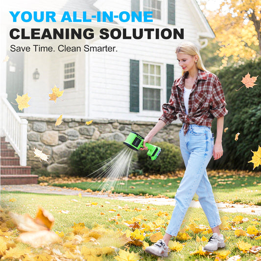 Green handheld leaf blower with battery pack on a blue background